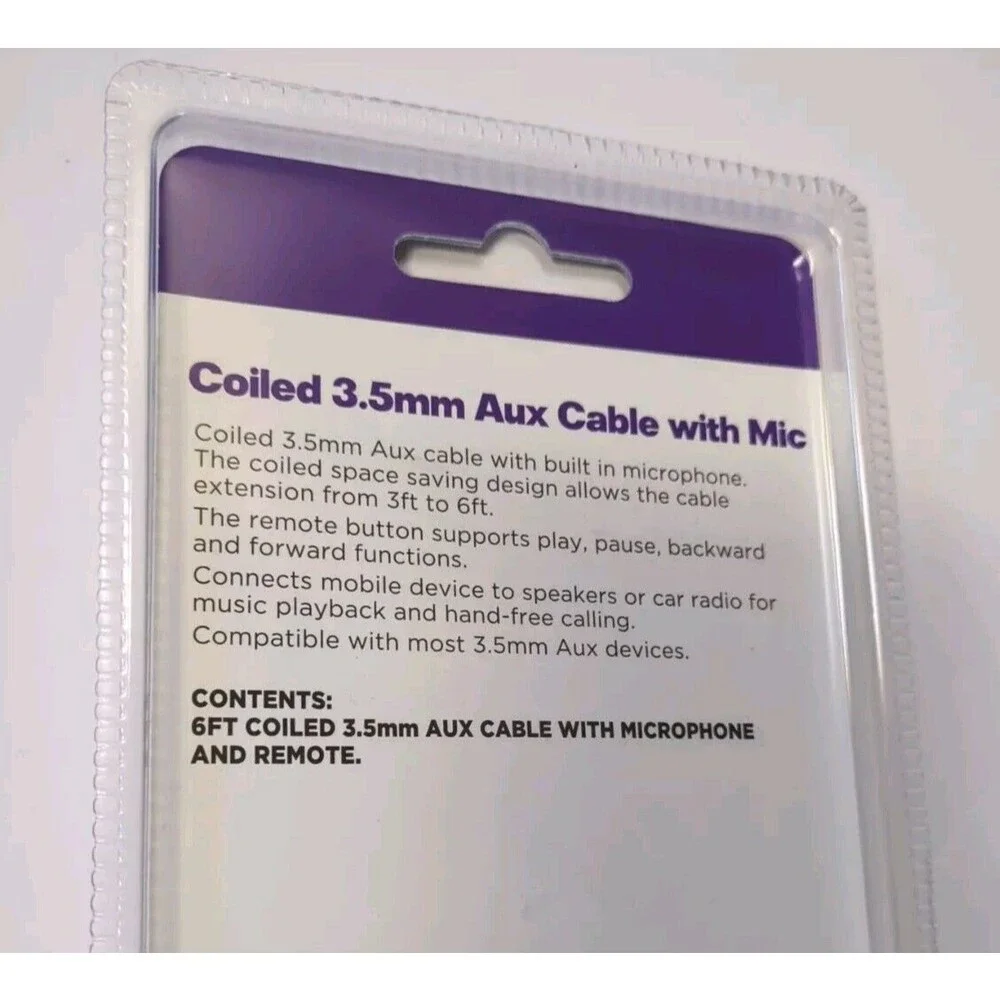 New Infinitive Coiled 3.5 mm Aux Cable with Mic and Remote New 6ft. Sealed NIP